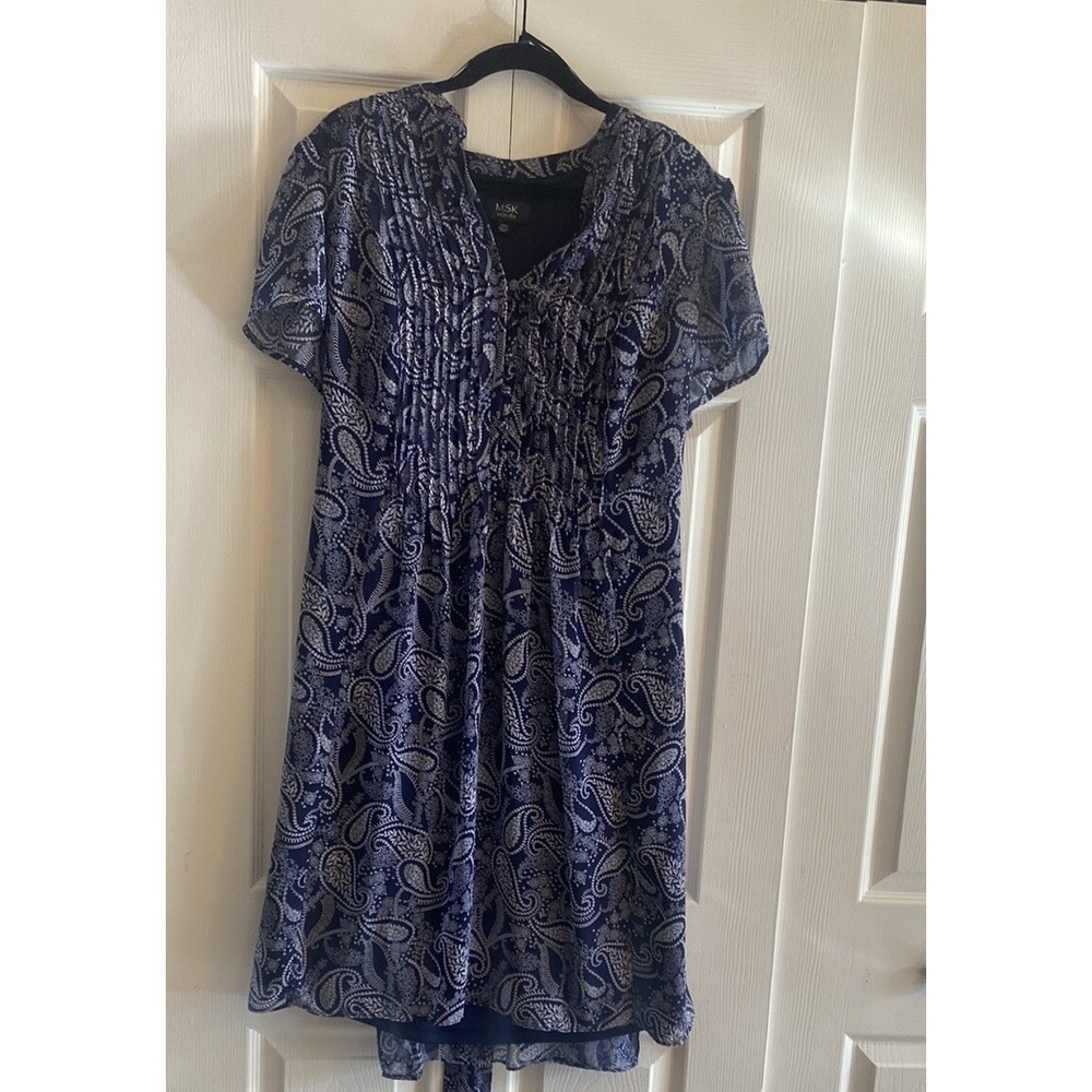 MSK Paisley Pleated Chiffon Dress Womens Size 24W Blue White Boho Flutter Sleeve
